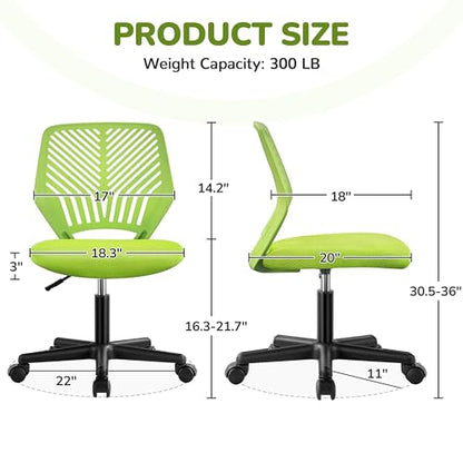 Yaheetech Small Desk Chair, Armless Adjustable Swivel Seat, Green | Padded mesh seat and ventilated resin back, compact armless frame rolls and adjusts for study and small desks, holds 300 lb. - color: Green