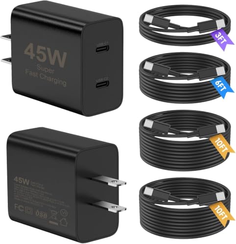 Super Fast Samsung Charger Type C, 2 Pack 45W Dual Port USB C Fast Charger - color: Black, size: 2pack-(3+6+10+10)ft