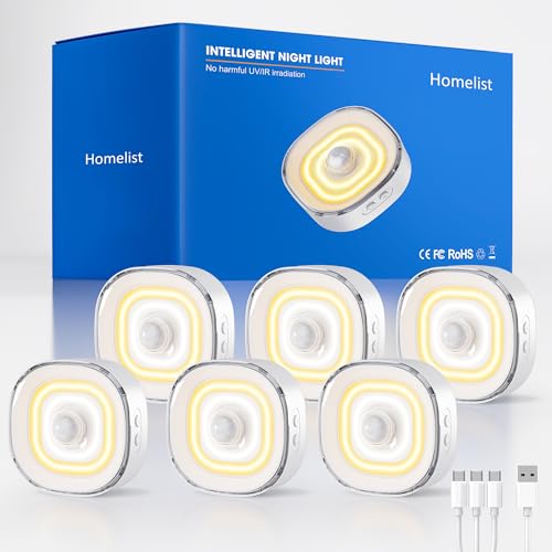 Homelist Digital Mini COB Puck Lights, 6 Pack Rechargeable Motion Sensor Lights Indoor 700mAh 100LM Sensor Night Lights, Dimmable Closet Light for Cabinet, Counter, Stairs, Hallway, Bedside - color: White-COB Light Source, size: 6 Pack