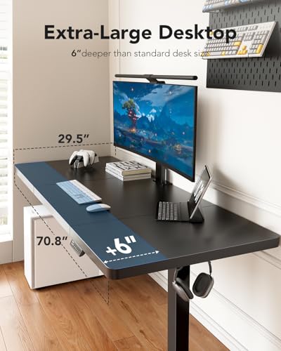 HUANUO 71x30 Inch Large Electric Standing Desk, Height Adjustable, Black | Spacious Gaming Electric Desk, 220lbs Carbon Steel Frame with <55dB Brushless Motor & 4 Height Presets. Ships in 2 Packages - color: Black, size: 71" X 30"