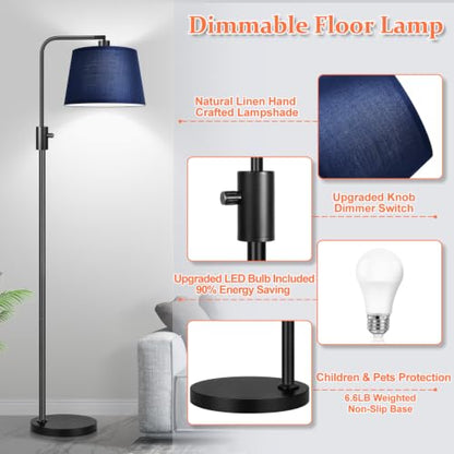 Nintiue 【Upgraded】 Dimmable Floor Lamp, 1000 Lumens LED Edison Bulb Included, Modern Arc Standing Tall Floor Lamp for Living Room Bedroom Office Dining Room - Blue - color: Matte Black-Blue Shade