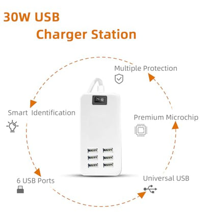 USB Charger Station Multi Port, Portable 6 Ports Chargers for Multiple Devices, Wall Charger Adapter for iPhone 17 16 15 pro max Samsung Galaxy S25/S24/S23