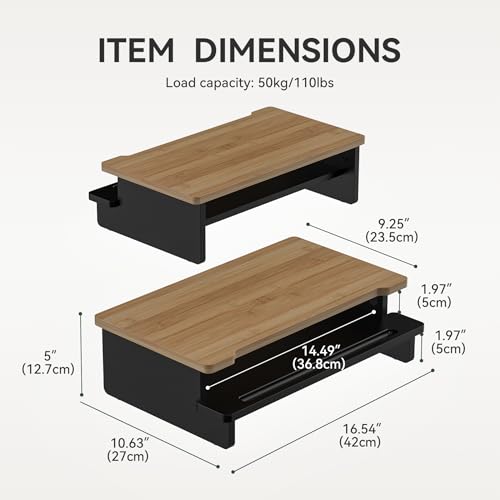 16.5” Bamboo Monitor Stand with Phone & Tablet Holder Desk Shelf - color: Black, size: 16.5 inch