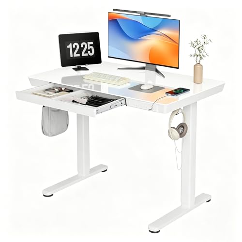 INNOVAR 40" Small Glass Standing Desk with Drawers & USB Ports, Whole-Piece Glass Top Adjustable Height Desks, Quick-Install Electric Sit-Stand Up Desk for Home Office & Computer Workstation, White - color: Super White, size: 40 inch with USB