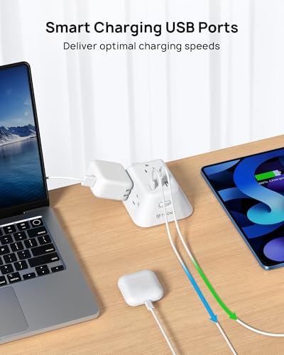 Desk Clamp Power Strip, Surge Protector with 5 AC Outlets and 3 USB Ports, Desk Mount Charging Station, Surge Protector Power Strip with 360° Rotating Flat Plug, 5 Widely Spaced Outlets with 2 USB C