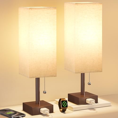 Bedside Lamp for Bedroom Set of 2 - Table Desk Lamp for Nightstand | AC Outlet, 3 Color Temperatures, LED Bulb Included, Pull Chain Design, 14" Rectangular Desk Lamp for Dorm/Office, 2-Pack - color: Beige & Brown, size: 14.3In
