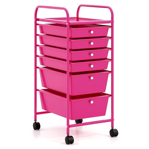 LDAILY Rolling Storage Cart with Drawers, Classroom Storage, Hot Pink - color: Hot Pink, size: 6 Drawer