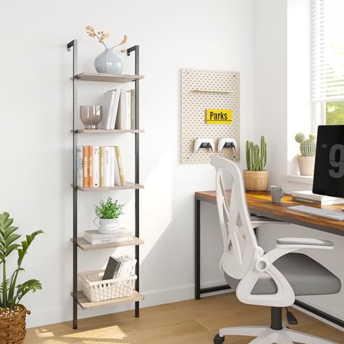 ELYKEN Ladder Shelf, 5-Tier Wood Wall Mounted Ladder Bookshelf | Leaning Storage Shelves with Metal Frame, Vintage Open Display Organizer Rack for Living Room, Bedroom, Home Office, Greige - color: Gerige