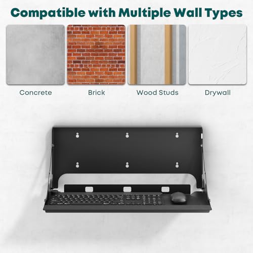 Flip Down Wall Mount Keyboard Tray, 24 Inch Keyboard Holder | Folding Design, Space-Saving, Extra Wide tray with Wrist Support, Mouse Pad and Wrist Pad Included, Holds Up to 22 lbs, Black