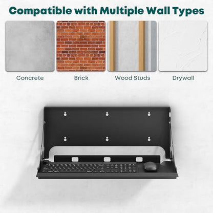 Flip Down Wall Mount Keyboard Tray, 24 Inch Keyboard Holder | Folding Design, Space-Saving, Extra Wide tray with Wrist Support, Mouse Pad and Wrist Pad Included, Holds Up to 22 lbs, Black