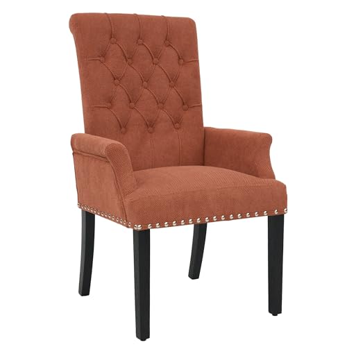 LOULENS Linen Dining Chair with Arms, Tufted Dining Room Chairs, Orange | Solid Wood Legs, Nailhead Trim, Accent Chair, Kitchen Chair - color: Orange, size: 1 PCS