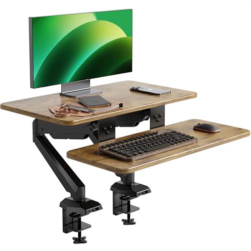 Claiks 24-Inch Sit-Stand Workstation，Innovative Space-Saving Height-Adjustable Ergonomic Desk Converter with Wide Keyboard Tray，Dual Fixation and Flexible Rotation Function, Rustic Brown - color: White, size: 24 inch