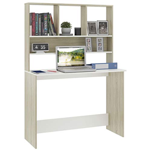 Desk with Shelves, 43.3x17.7x61.8 Inches Engineered Wood Desk in White and Sonoma Oak, Vertical Storage for Small Spaces, Organize Folders Documents and PC Equipment - color: White and Sonoma Oak