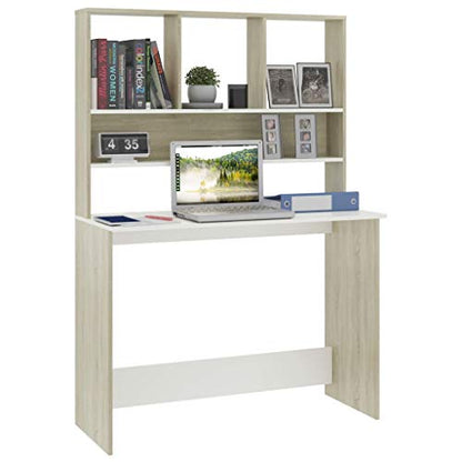 Desk with Shelves, 43.3x17.7x61.8 Inches Engineered Wood Desk in White and Sonoma Oak, Vertical Storage for Small Spaces, Organize Folders Documents and PC Equipment - color: White and Sonoma Oak