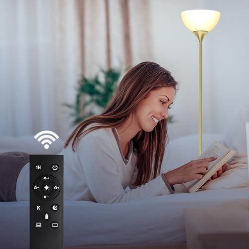 PESRAE Floor Lamp, Remote Control, Stepless Brightness & Color Temperature - color: Gold Brass
