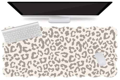 L-SPOUTTO Beige Leopard Mouse Pad,Scalloped Desk Mat XXL Gaming Mousepad | Cheetah Large 35.4x15.7in Non-Slip Rubber Base Keyboard Pad Waterproof Desktop Mat for Laptop Computer Game Home Office - color: Beige Leopard