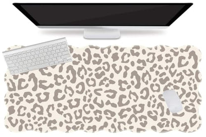 L-SPOUTTO Beige Leopard Mouse Pad,Scalloped Desk Mat XXL Gaming Mousepad | Cheetah Large 35.4x15.7in Non-Slip Rubber Base Keyboard Pad Waterproof Desktop Mat for Laptop Computer Game Home Office - color: Beige Leopard