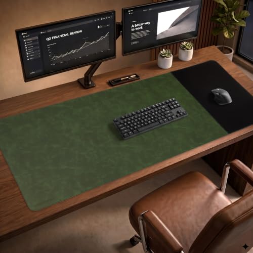 HAUTOCO Cork Desk Mat 48''x19.7'', Distressed PU Leather & Cloth Desk Pad - color: Dark Green, size: 48" x 19.7"