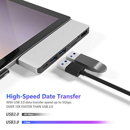 Surface Pro 7 USB C Hub, 6-in-2 Aluminum Surface Pro 2019 Dock with 4K HDMI Adapter+ USB C Audio & Data Transfer Port +2 USB 3.0+SD/TF Card Reader, Converter Combo Adaptor for Surface Pro 7 - color: Silver