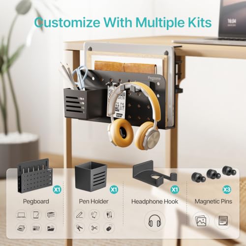 PEGZONE Desk Side Storage Organizer, Fits Flat Edge 0.4" to 2.2", Black | No Drill Under Desk Laptop Holder, Clamp on Desks Shelf with Pegboard Accessories, Hanging Laptop Mount - color: Black