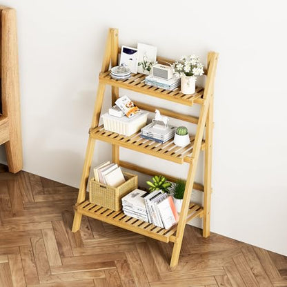 Foldable Ladder Shelf 39.4", Plant Shelf 3 Tier, Bamboo Ladder Bookshelf - color: 3-tier Natural