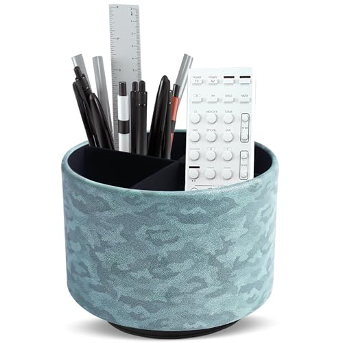 Round Leather Art Supply Organizer,Remote Control Holder,360 Degree Rotating,Multi-Functional Pencil Holder,4 Compartments Desktop Stationary Organizer(1-Camouflage Green) - color: 1-Camouflage Green