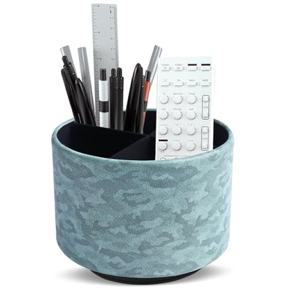 Round Leather Art Supply Organizer,Remote Control Holder,360 Degree Rotating,Multi-Functional Pencil Holder,4 Compartments Desktop Stationary Organizer(1-Camouflage Green) - color: 1-Camouflage Green
