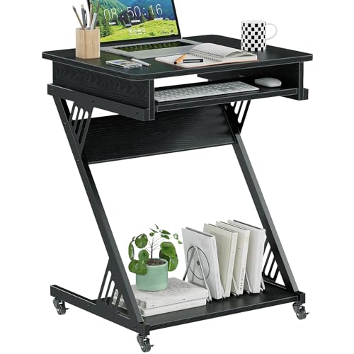 ALISENED Computer Desk for Small Spaces Compact Desk with Keyboard Tray | 23.6" Z-Shaped, with Wheels and Bottom Shelves, for Home Office, Computer Cart Mobile Laptop Cart, Black - color: Black
