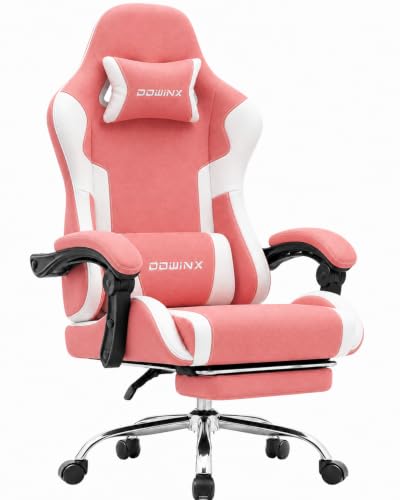 Dowinx Ergonomic Gaming Chair with Footrest & Massage Lumbar, 2D-Linkage Armrests for Computer Chair 330lbs with Headrest Pillow for Office, Home, Streaming and Long Gaming Sessions, Fabric Pink White - color: Pink White