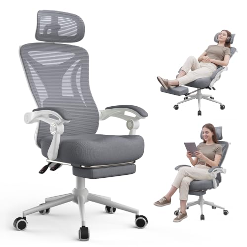 CYKOV Ergonomic Office Chair with Footrest - Adjustable Lumbar Support & Headrest, 90-135° Reclining Mesh Back Computer Chair - Home Office/Gaming, 350lbs Capacity - color: W-dgrey