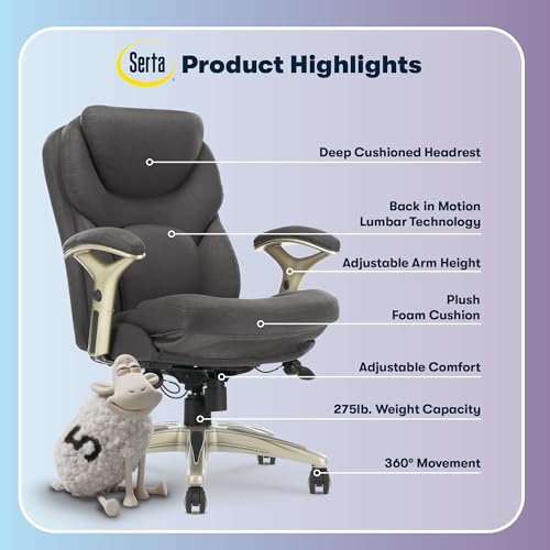 Serta Claremont Executive Office Chair with Back-In-Motion Technology, Ergonomic Mid-Back with Pivot Lumbar Support & Seat, Plush Cushion, Body Pillows, Adjustable Arms, Dark Gray Fabric | Claremont, Adjustable Arms & Height, Foam Seat and Headrest Cushio
