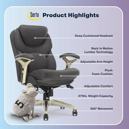 Serta Claremont Executive Office Chair with Back-In-Motion Technology, Ergonomic Mid-Back with Pivot Lumbar Support & Seat, Plush Cushion, Body Pillows, Adjustable Arms, Dark Gray Fabric | Claremont, Adjustable Arms & Height, Foam Seat and Headrest Cushio
