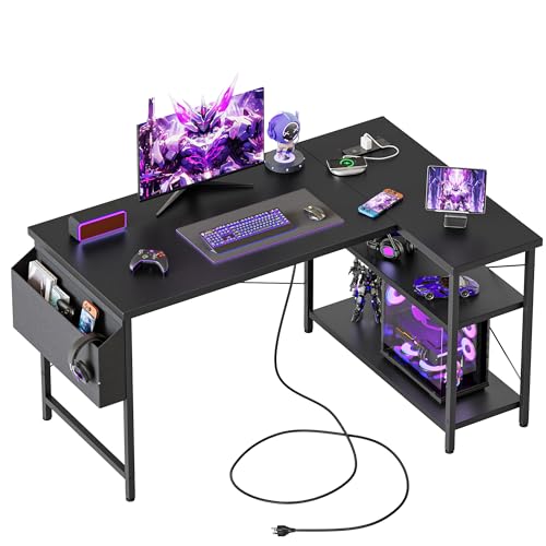 Mericonia 47 inch Corner Desk with Shelves, Small L Shaped Gaming Desk - color: Dark Black, size: 48 inch