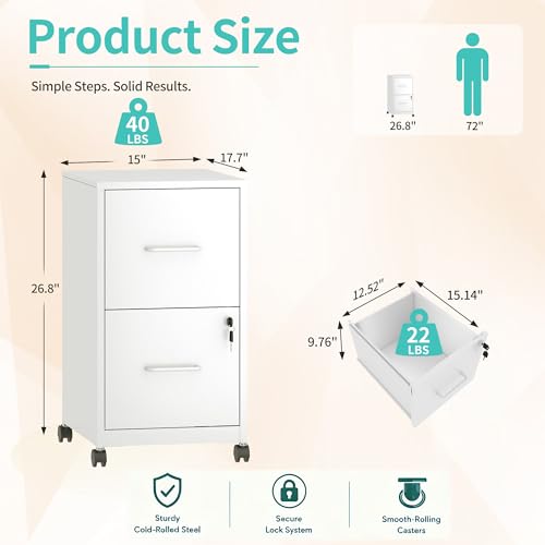 SAWJEC 2 Drawer Metal File Cabinet with Lock, White Mobile Filing Cabinet | 17.7"D x 15"W x 26.8"H, White Mobile Locking File Cabinet, Assembly Required, Fits Letter Hanging Files - color: White, size: 17.7"D x 15"W x 26.8"H