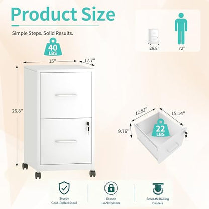 SAWJEC 2 Drawer Metal File Cabinet with Lock, White Mobile Filing Cabinet | 17.7"D x 15"W x 26.8"H, White Mobile Locking File Cabinet, Assembly Required, Fits Letter Hanging Files - color: White, size: 17.7"D x 15"W x 26.8"H