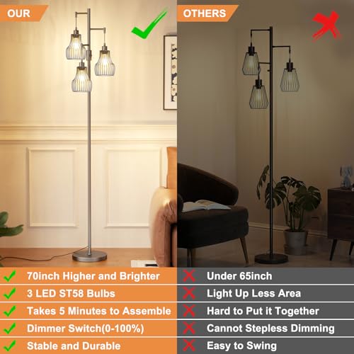 Ziisee Dimmable Floor Lamps for Living Room, Industrial Tree Standing Tall Lamps with 3 Elegant Cage Shade for Bedroom Office - Grey - color: E-Grey