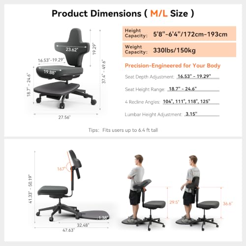 Standing Desk Chair, Ergonomic Standing Mate Chair Stool with 167° Adjustable Flip Backrest, Multi-Position Sit-Stand-Lean Office Chair, Anti-Fatigue Design, MT-L-DG - size: M/L Size (for 5'8" - 6'4")