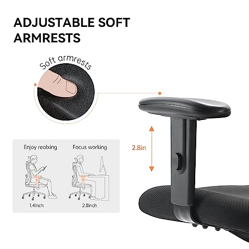 XUER Ergonomic Office Chair, Mesh Computer Desk Chair with Adjustable Sponge Lumbar Support, Thick Cushion, PU Armrest and Headrest, High Back Swivel Home Office Task Chair for Work (Black)…