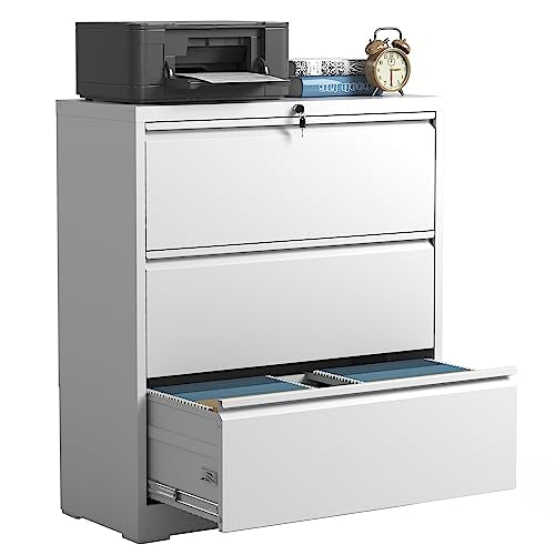 IKIMI Lateral File Cabinets 3 Drawers,White Metal Filing Cabinet for Office - color: White, size: 15.7"D x 35.4"W x 40.4"H