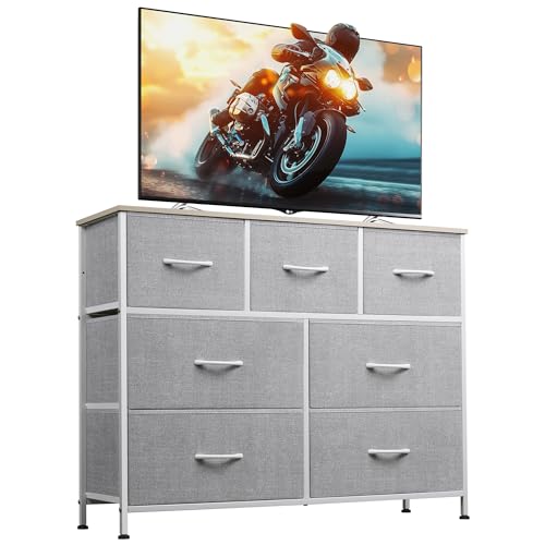 WLIVE 7 Drawer Dresser TV Stand, Entertainment Center, Media Console Table with Metal Frame and Wood Top for TV up to 45 inch, Chest of Drawers for Bedroom, Living Room, Light Grey - color: Light Grey