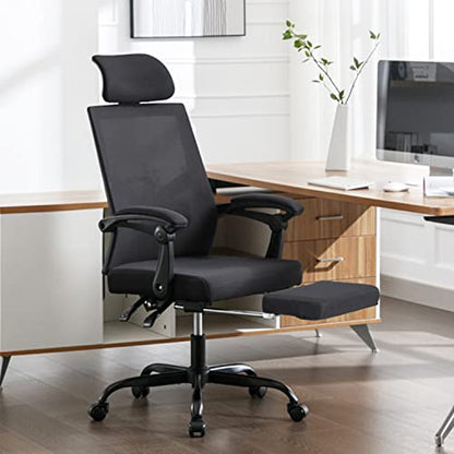 Qulomvs Mesh Ergonomic Office Chair with Footrest Home Office Desk Chair with Headrest and Backrest 90-135 Adjustable Computer Executive Desk Chair with Wheels 360 Swivel Task Chair - color: Black With Footrest