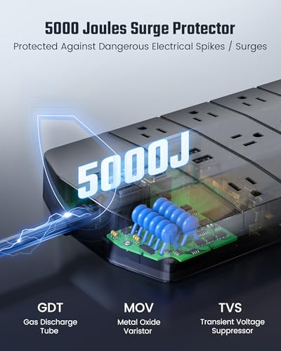 SUPERDANNY Power Strip Surge Protector 5000J, 15FT, 15A, PD 20W, 13 AC - color: Black, size: 15ft