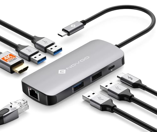 NOVOO USB C Hub Ethernet 4K@60 USB C HDMI Adapter Multiport Type C Adapter 4 USB 3.0 & USB2.0 Dongle 100W PD Dock Docking Station for MacBook Pro Air Apple iPad Pro Steam Deck Dell HP Lenovo 7-in-1 | Type C 4 USB 3.0 & USB2.0 Dongle 100W PD Docking Statio