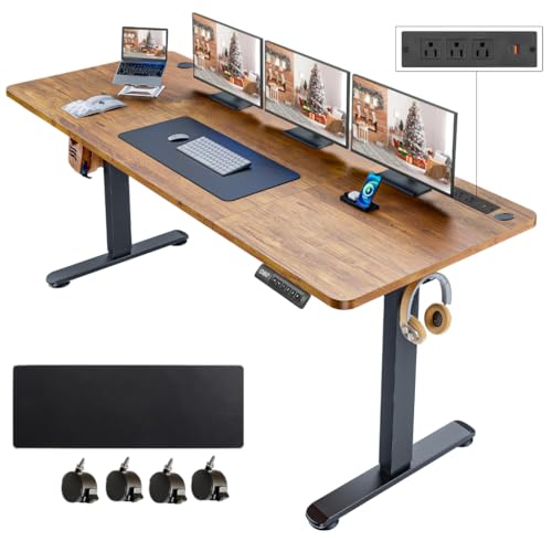 63''×24'' Electric Standing Desk with Power Outlets & Wheels, Brown - color: Brown, size: 63×24''
