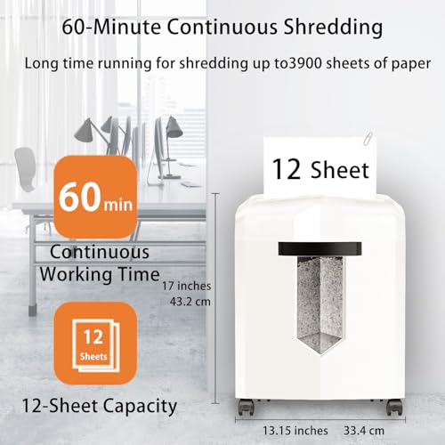 Bonsaii Micro Cut Shredder, Portable with a Convenient Handle, shredding up to 12 Sheets, P-4 Security Level, 60 Min Continuous, CD/Credit Card, Jam-Proof, 4.2 Gal Bin, White/Gray - color: White, size: 12-Sheet | 60 min