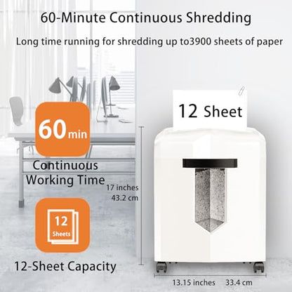 Bonsaii Micro Cut Shredder, Portable with a Convenient Handle, shredding up to 12 Sheets, P-4 Security Level, 60 Min Continuous, CD/Credit Card, Jam-Proof, 4.2 Gal Bin, White/Gray - color: White, size: 12-Sheet | 60 min