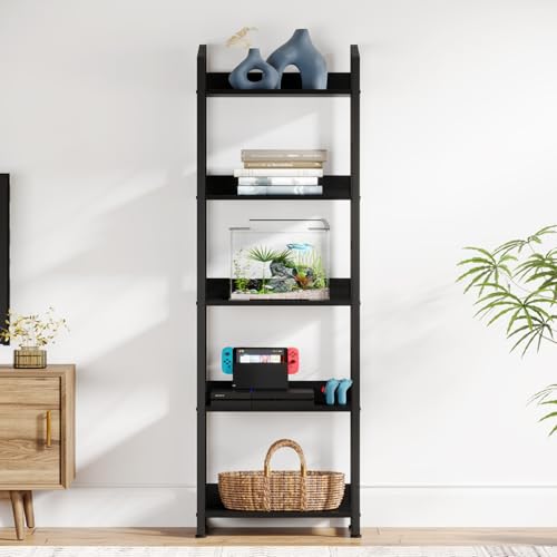 Hosfais 5 Tier Tall Bookshelf: Industrial Wood Book Shelf with Edge Protection Metal Narrow Bookshelf Bookcase Storage Organizer Display Rack for Living Room Home Office (Black) - color: Black