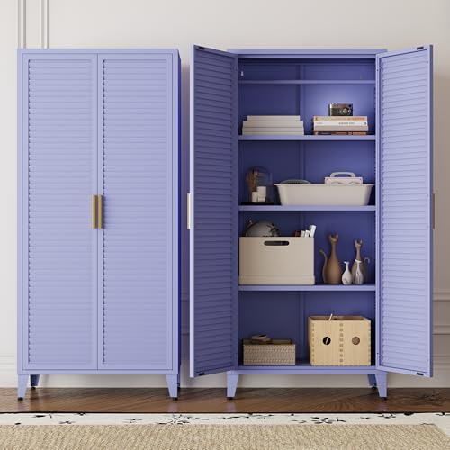 2 Door Tall Metal Storage Cabinet with 3 Adjustable Shelves,61'' Steel Locker Storage with Metal Handles and Elevated Legs,Multifunctional Storage Armoire for Home Bedroom Living Room Entryway(Purple) - color: Purple, style: 61"H-Locker-BY