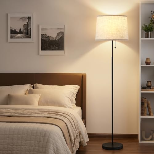 Floor Lamps for Living Room & Bedroom, 60" Modern Tall Standing Lamp, 3CCT | Lamps for Office, Classroom, Bedside, Linen Lampshade, Pull Chain Switch, Modern Design, Anti-glare Lighting, Easy Assembly - color: Linen T-Shades+Black Pole