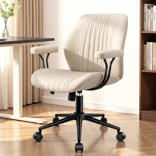 Leather Office Chair with Removable Armrests, Mid Back Ergonomic Desk Chair with Lumbar Support, Adjustable Height Rocking Swivel Executive Chair for Home Office, White - color: White